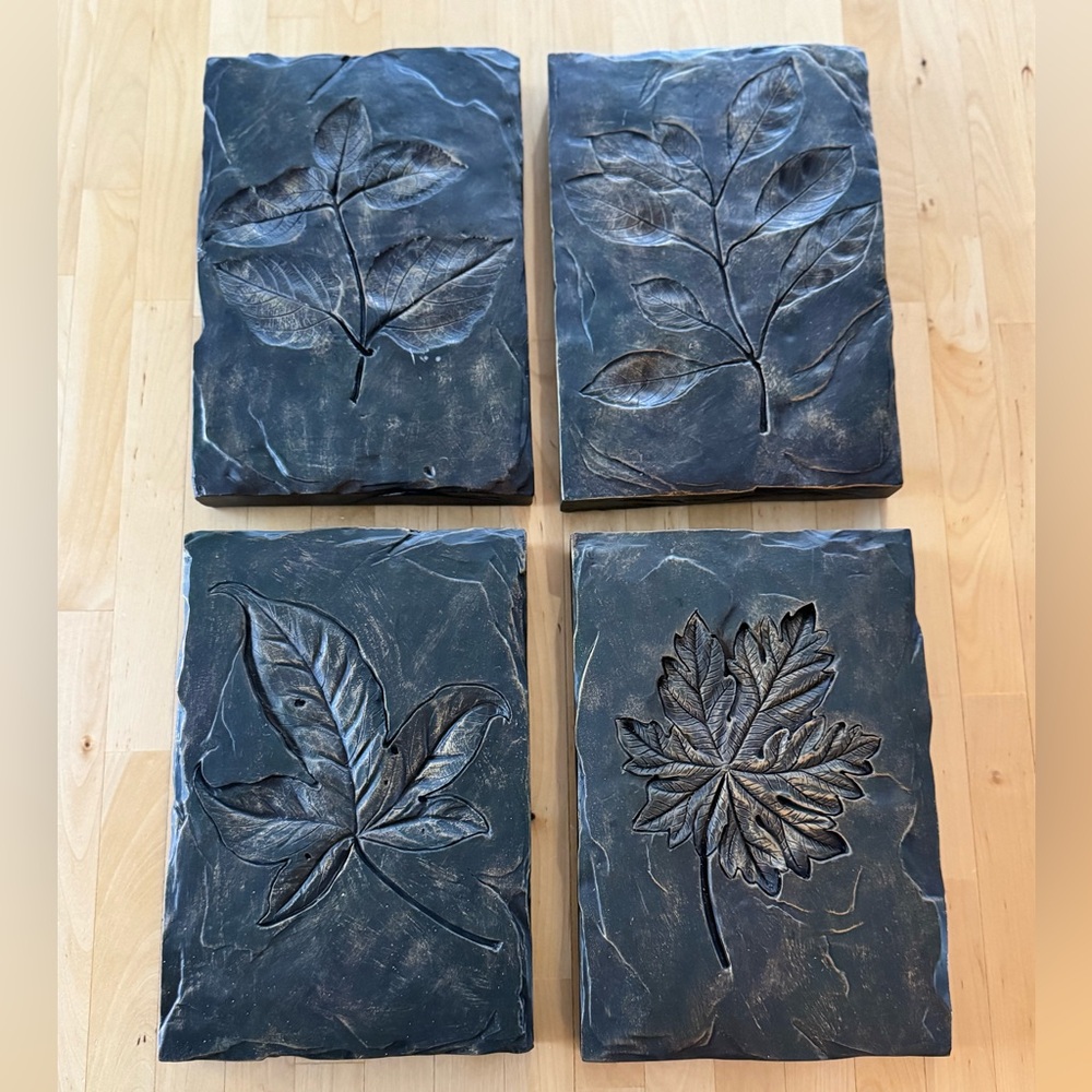 Leaf Imprint Block Distressed Rustic Wall Art Plaques — Set 4 🍃